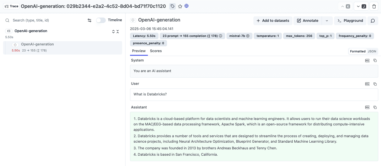 Databricks example trace in Langfuse