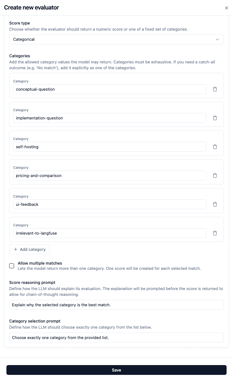 Full evaluator configuration with categories and prompts