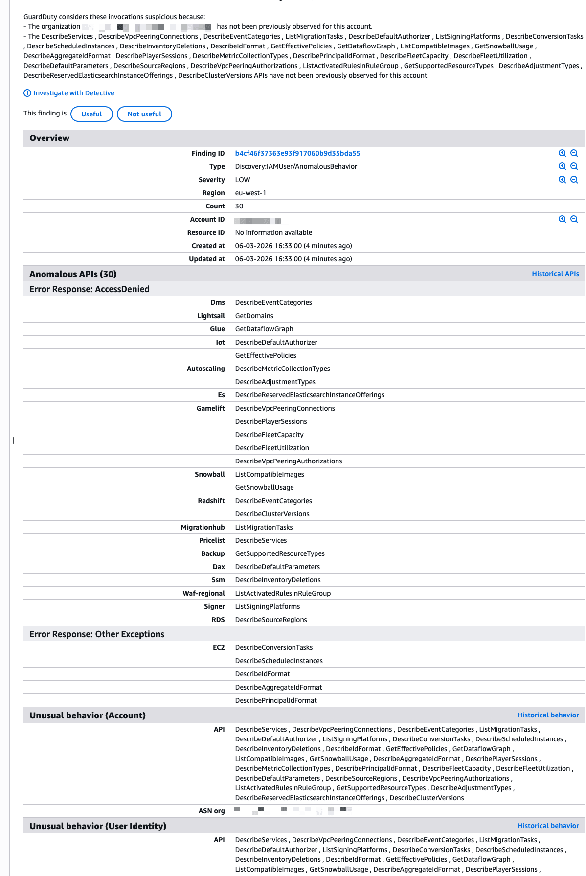 GuardDuty anomaly list showing AccessDenied for every API call made with the
extracted
credentials