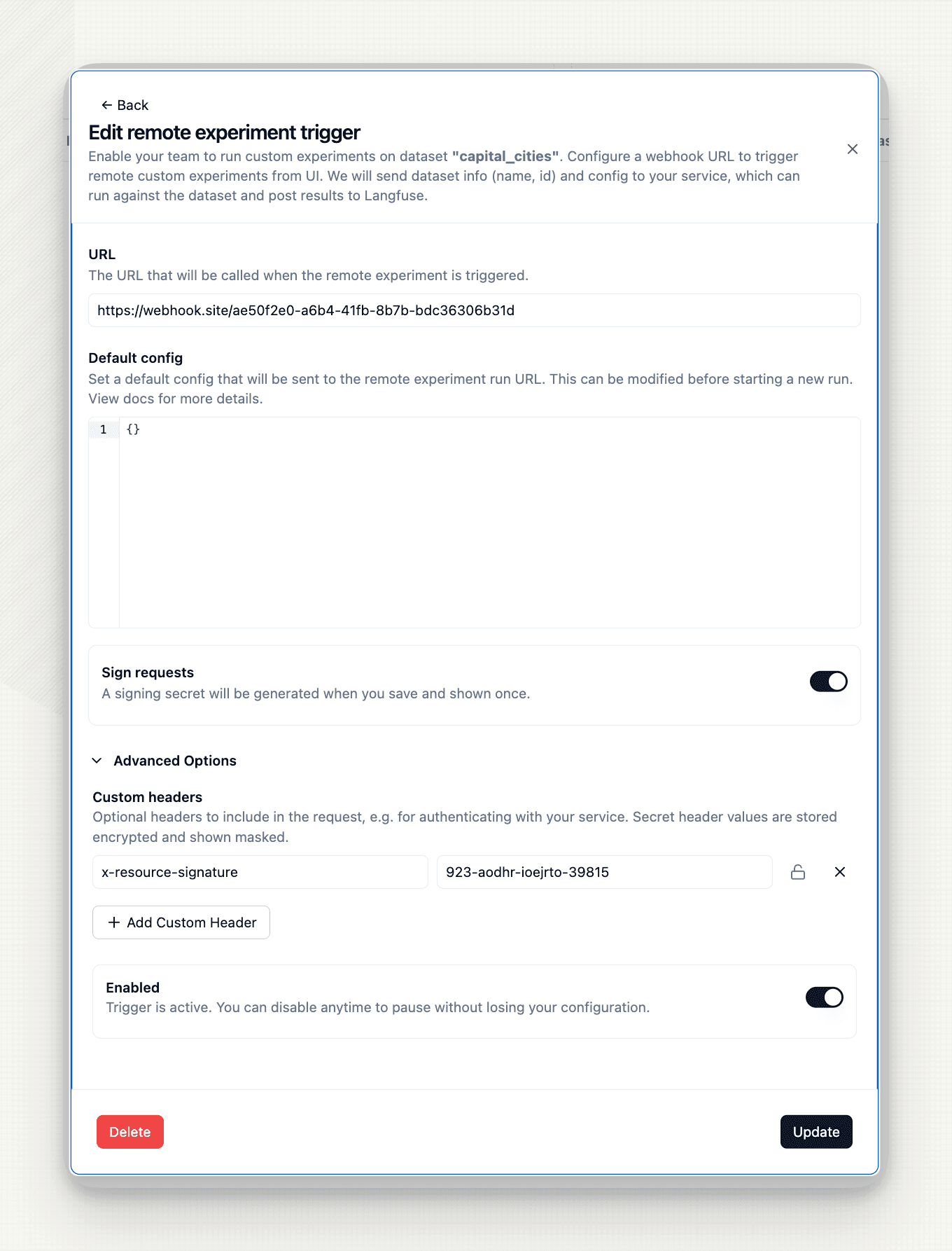 Remote experiment trigger setup form