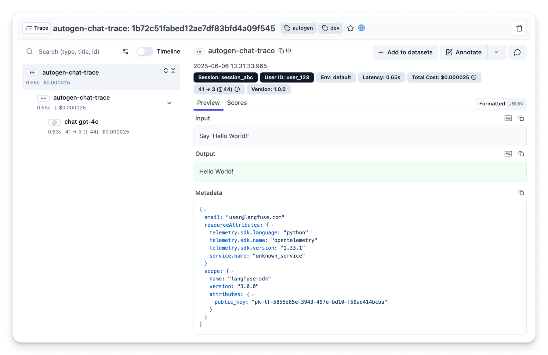 AutoGen trace visualization in
Langfuse