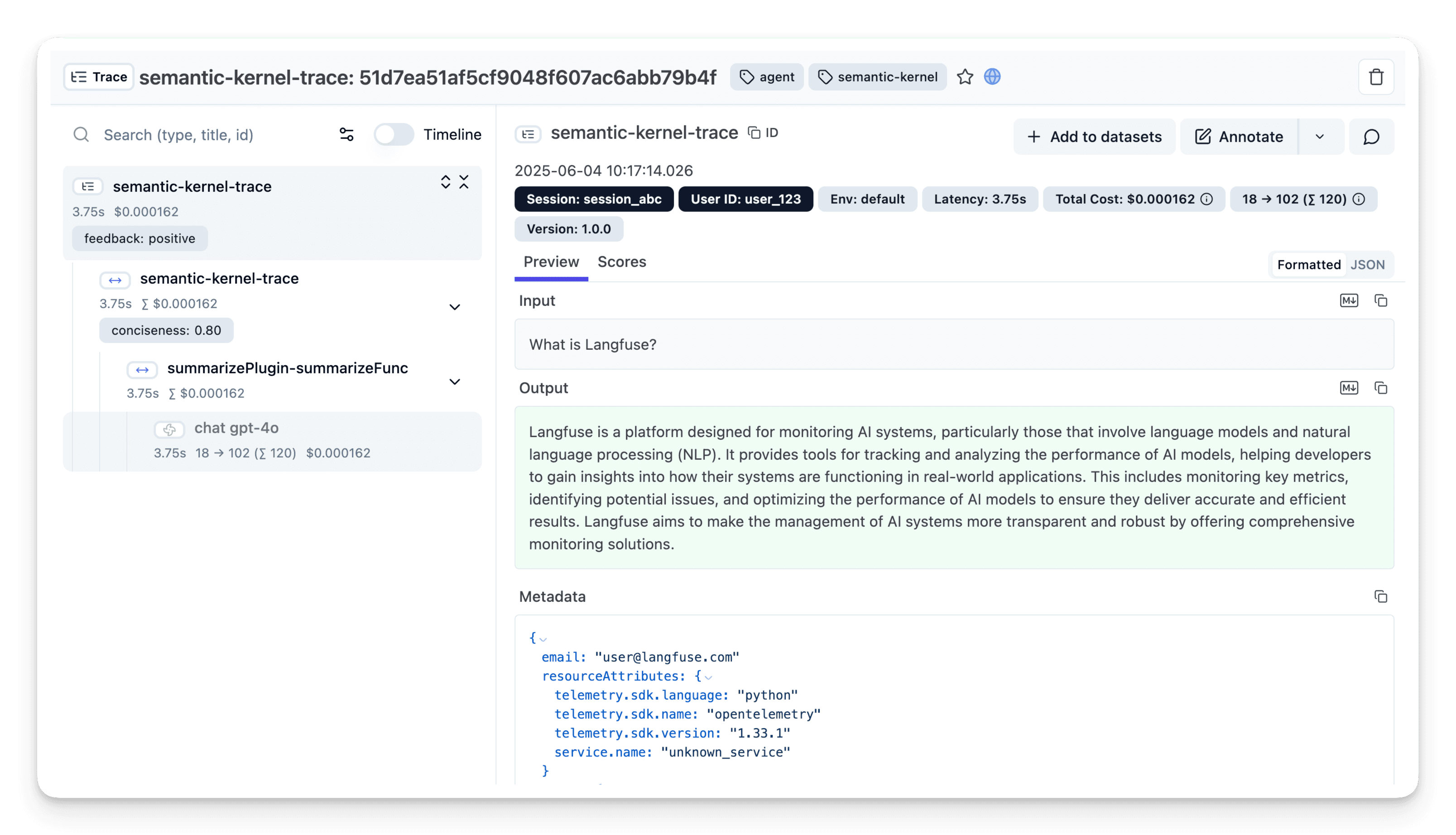 Semantic Kernel trace visualization in
Langfuse