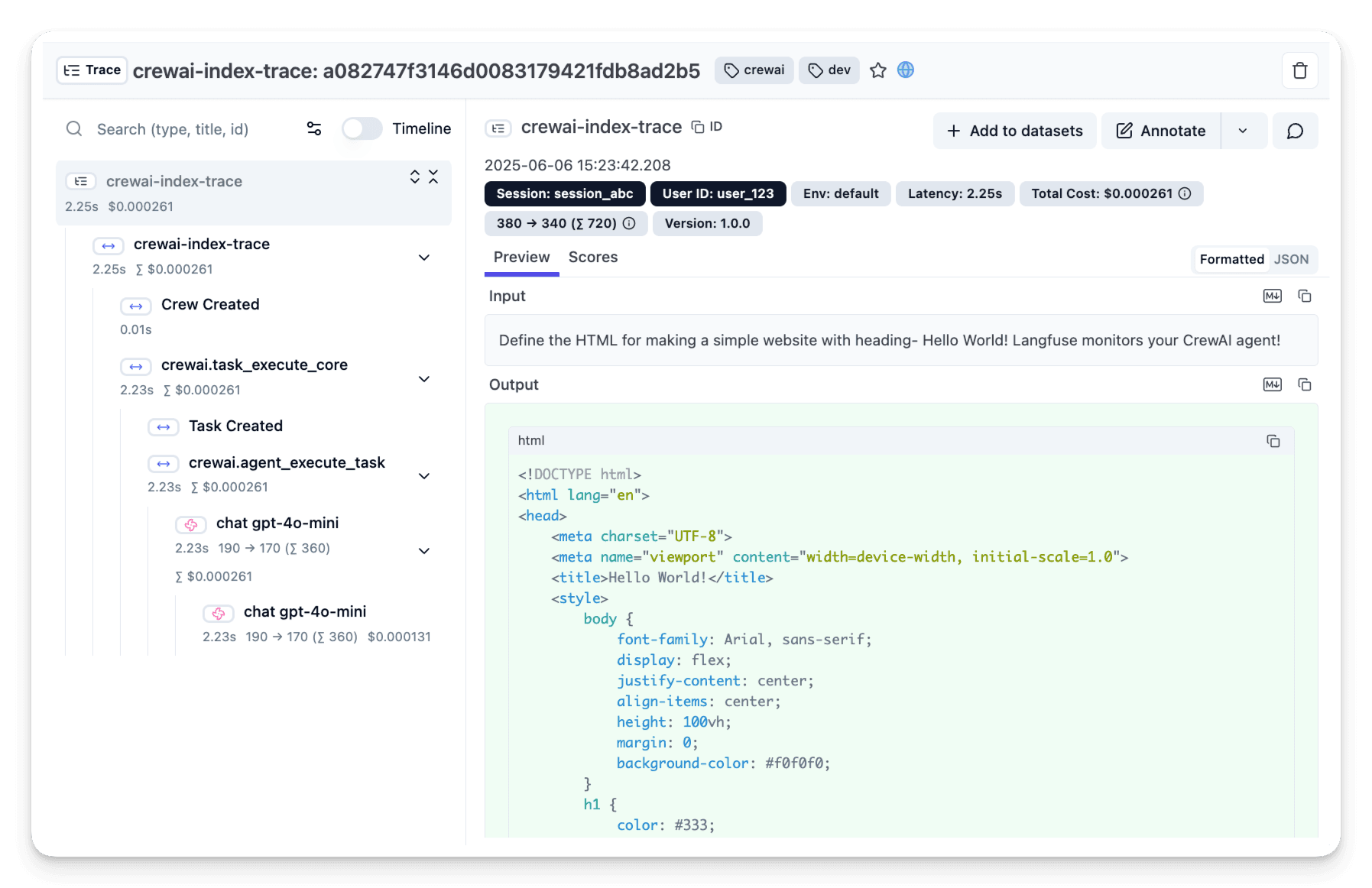 CrewAI trace visualization in
Langfuse
