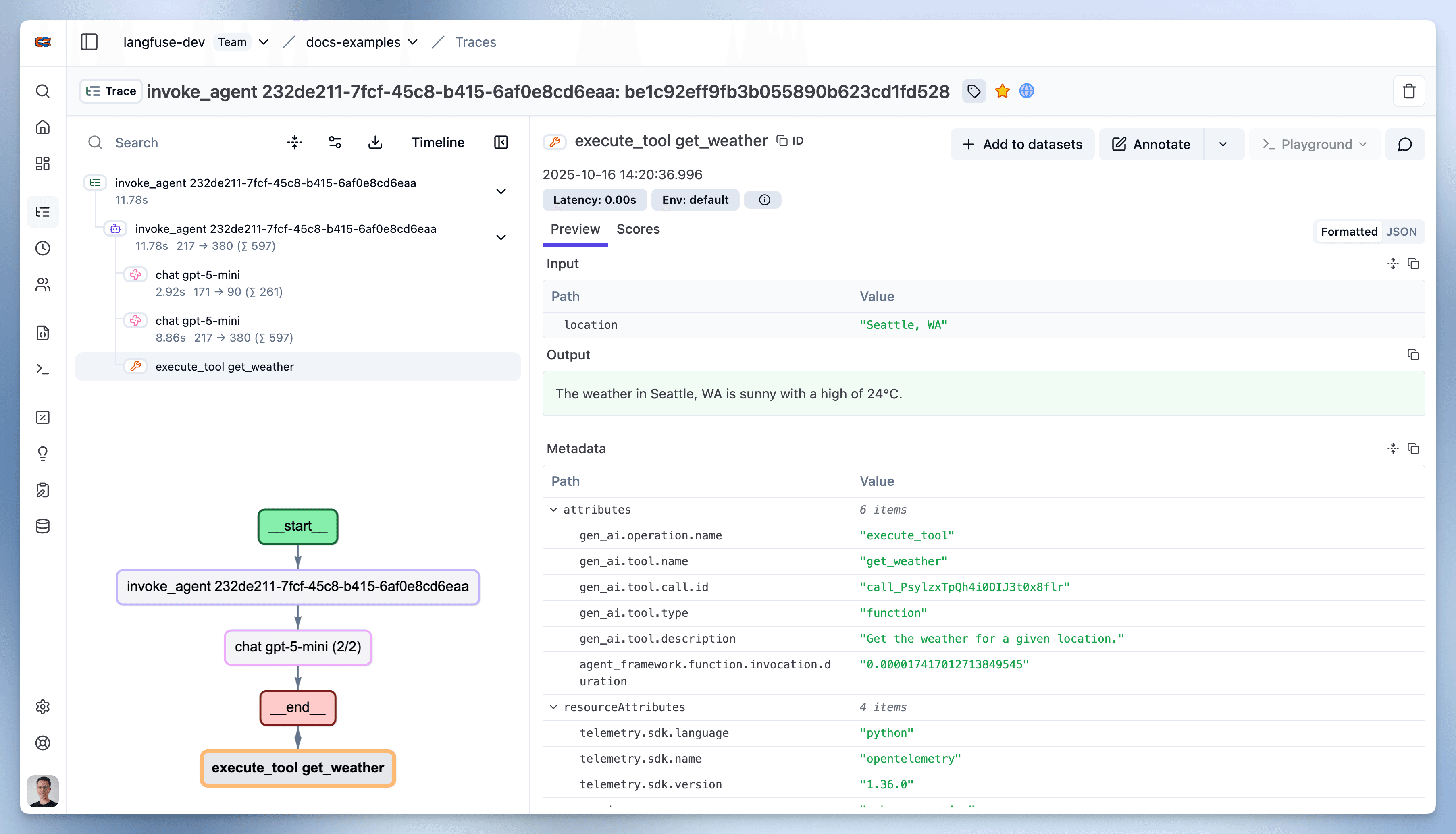 Microsoft Agent Framework trace visualization in
Langfuse
