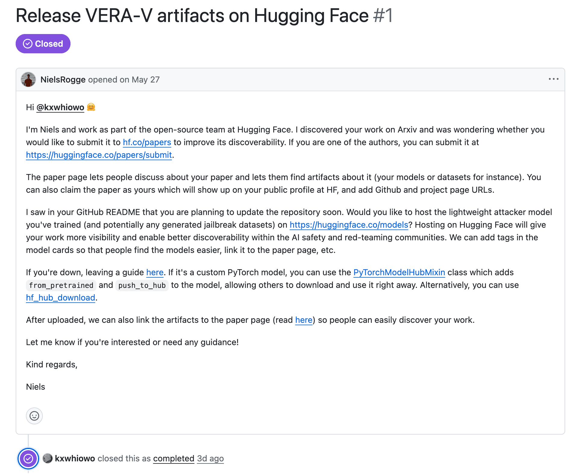 GitHub issue opened by Niels Rogge inviting an author to publish VERA-V artifacts on Hugging Face