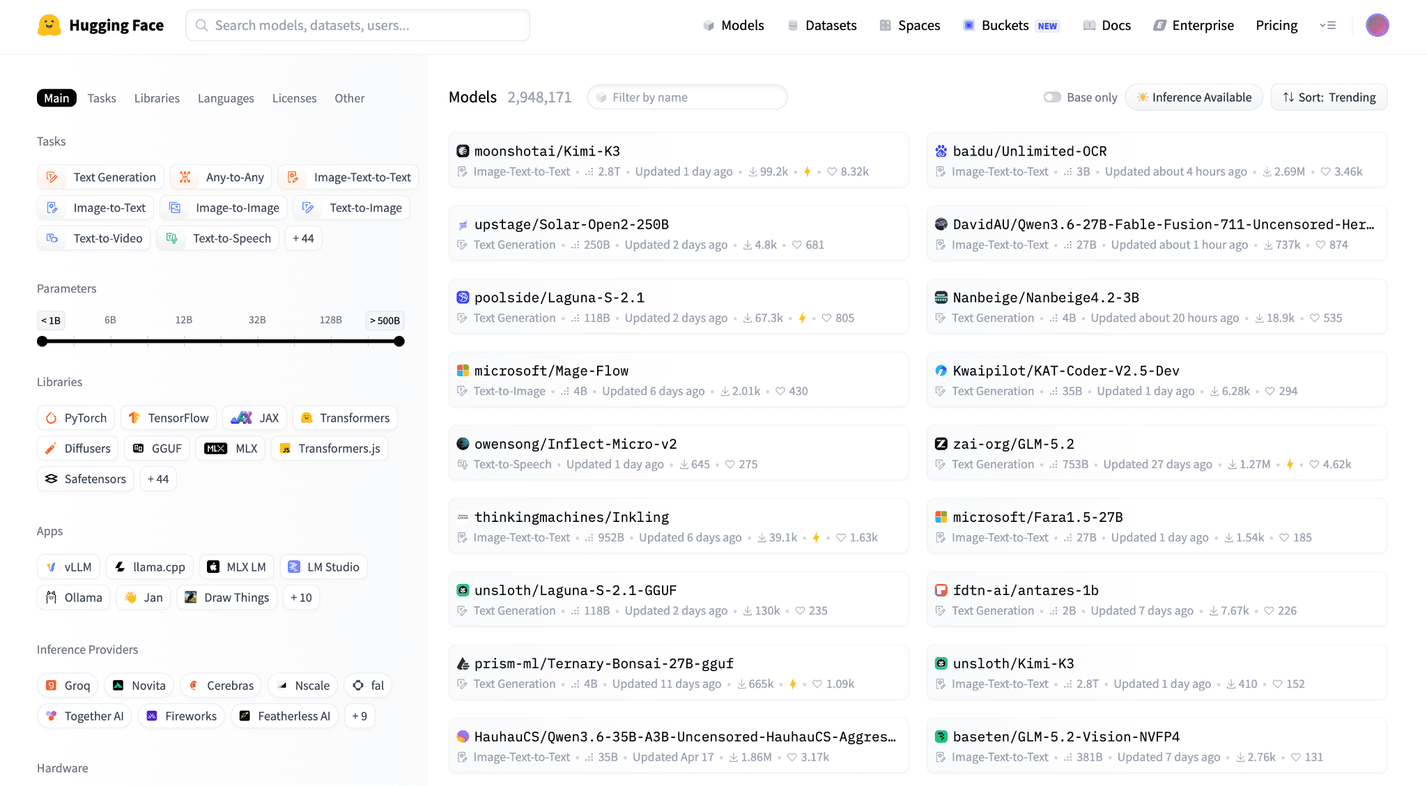 Hugging Face Hub model catalog showing filters and nearly three million public models