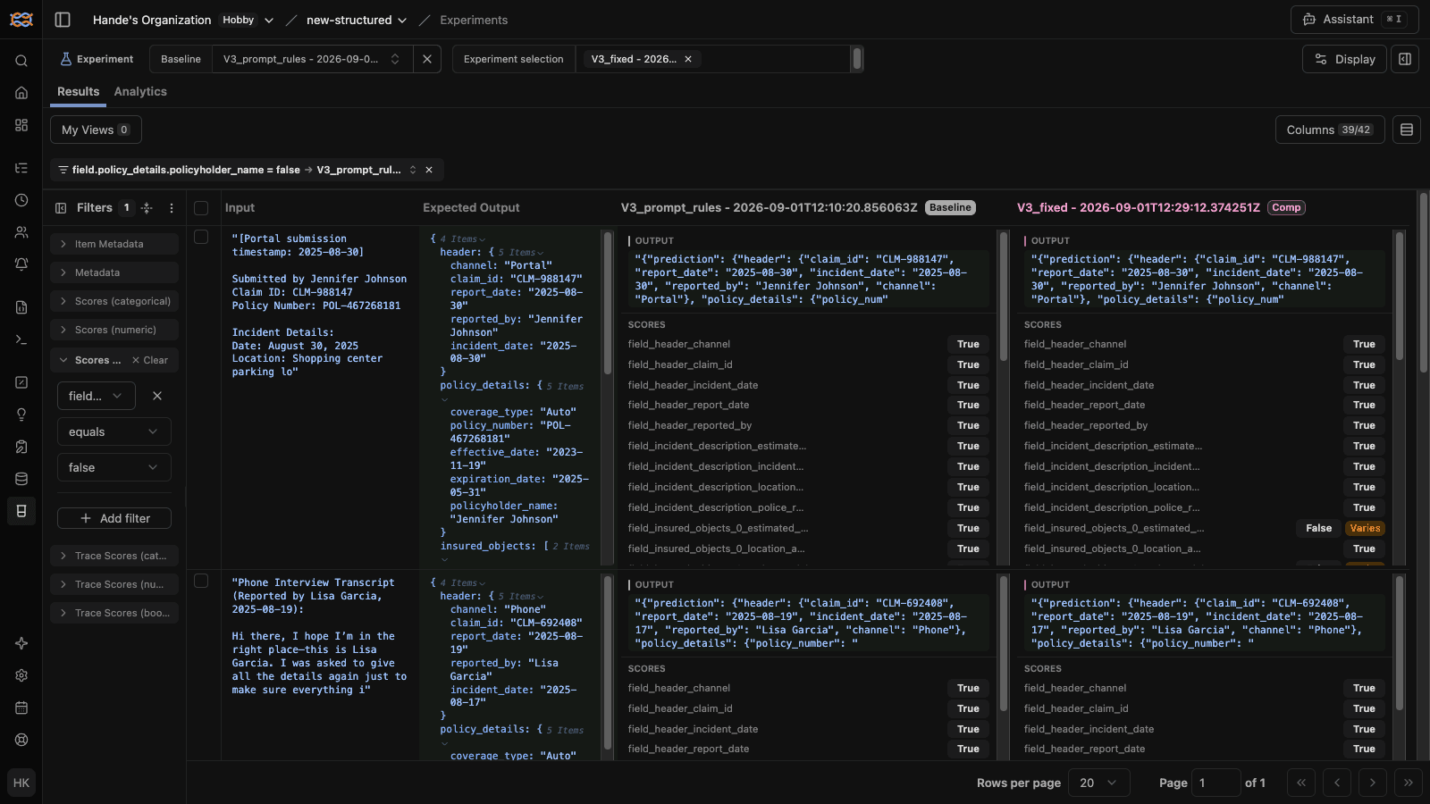 Compare view filtered to items where V3 got policyholder_name wrong, with V3_fixed side by side