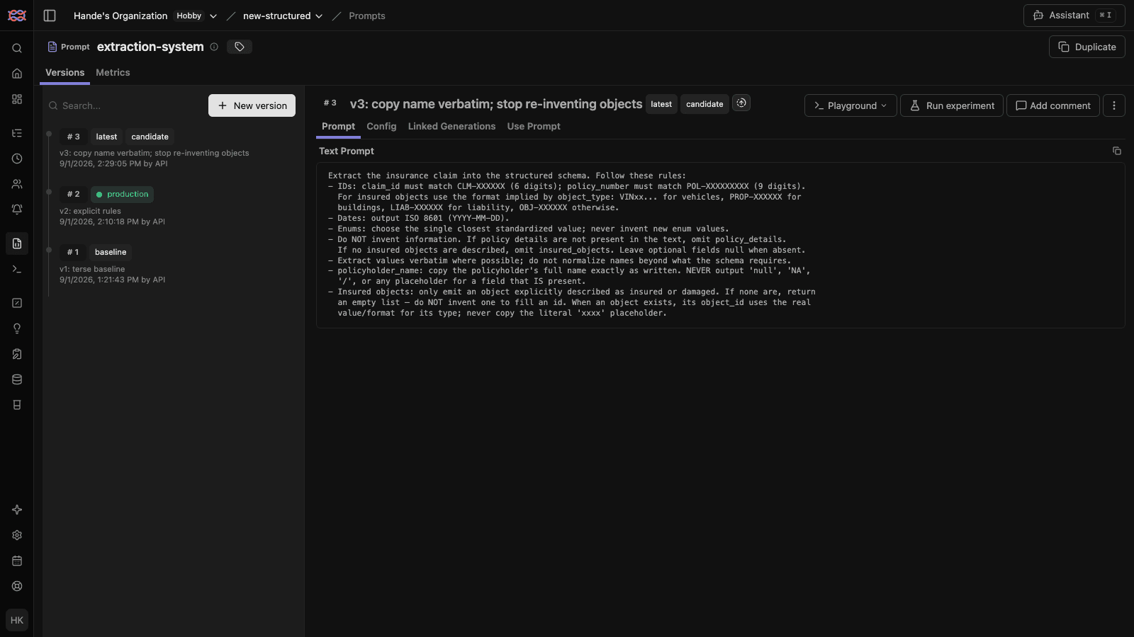 The extraction-system prompt in Langfuse with three versions; v3 adds the verbatim-name and no-invented-objects rules