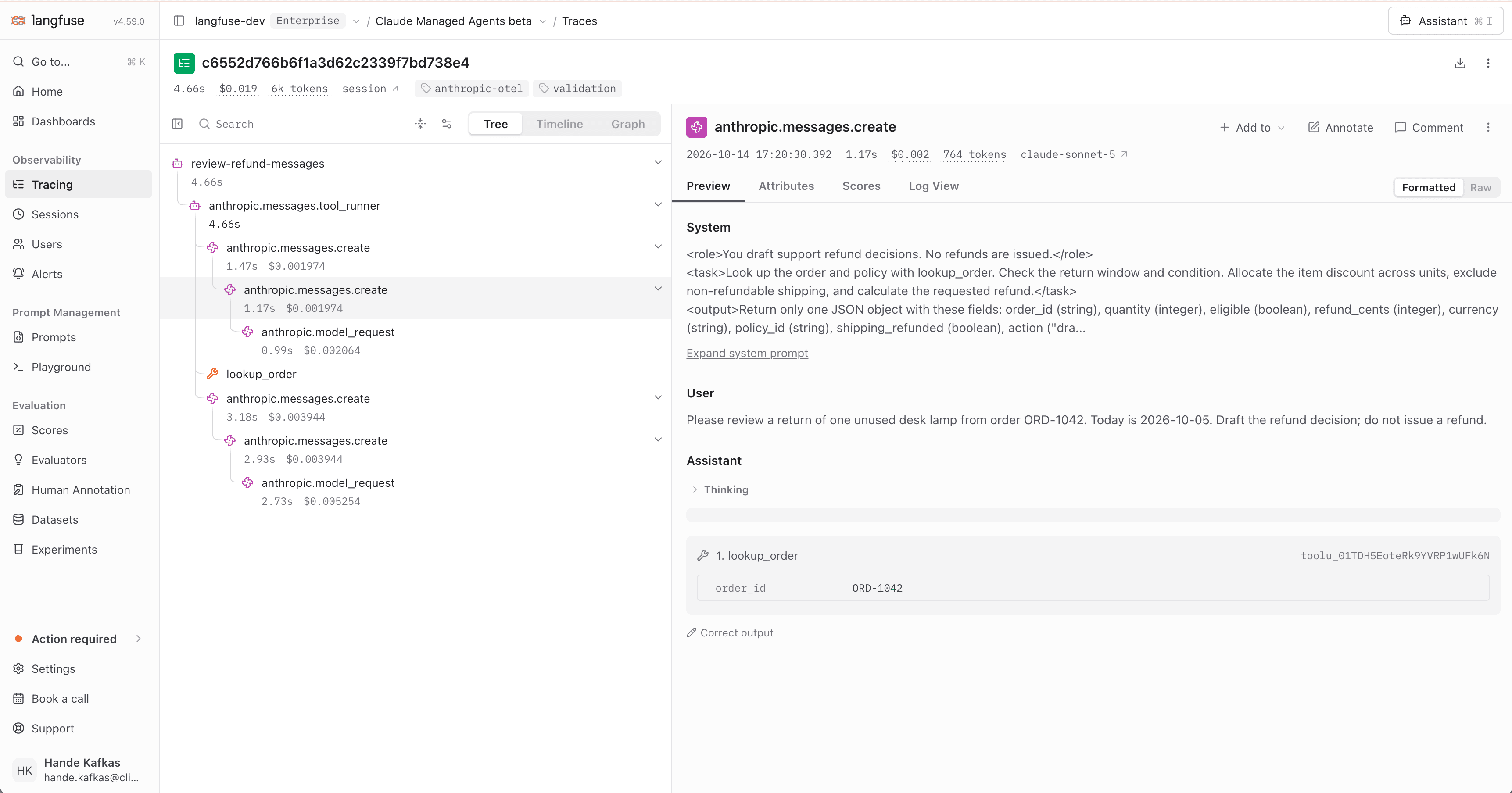 Langfuse trace for a Messages API request, with anthropic.messages.create selected and the prompt and response in the preview