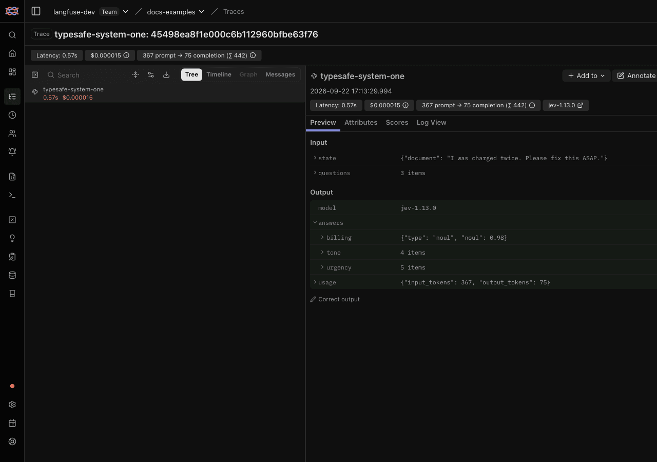 TypeSafe Jev System One trace from the JavaScript SDK in Langfuse