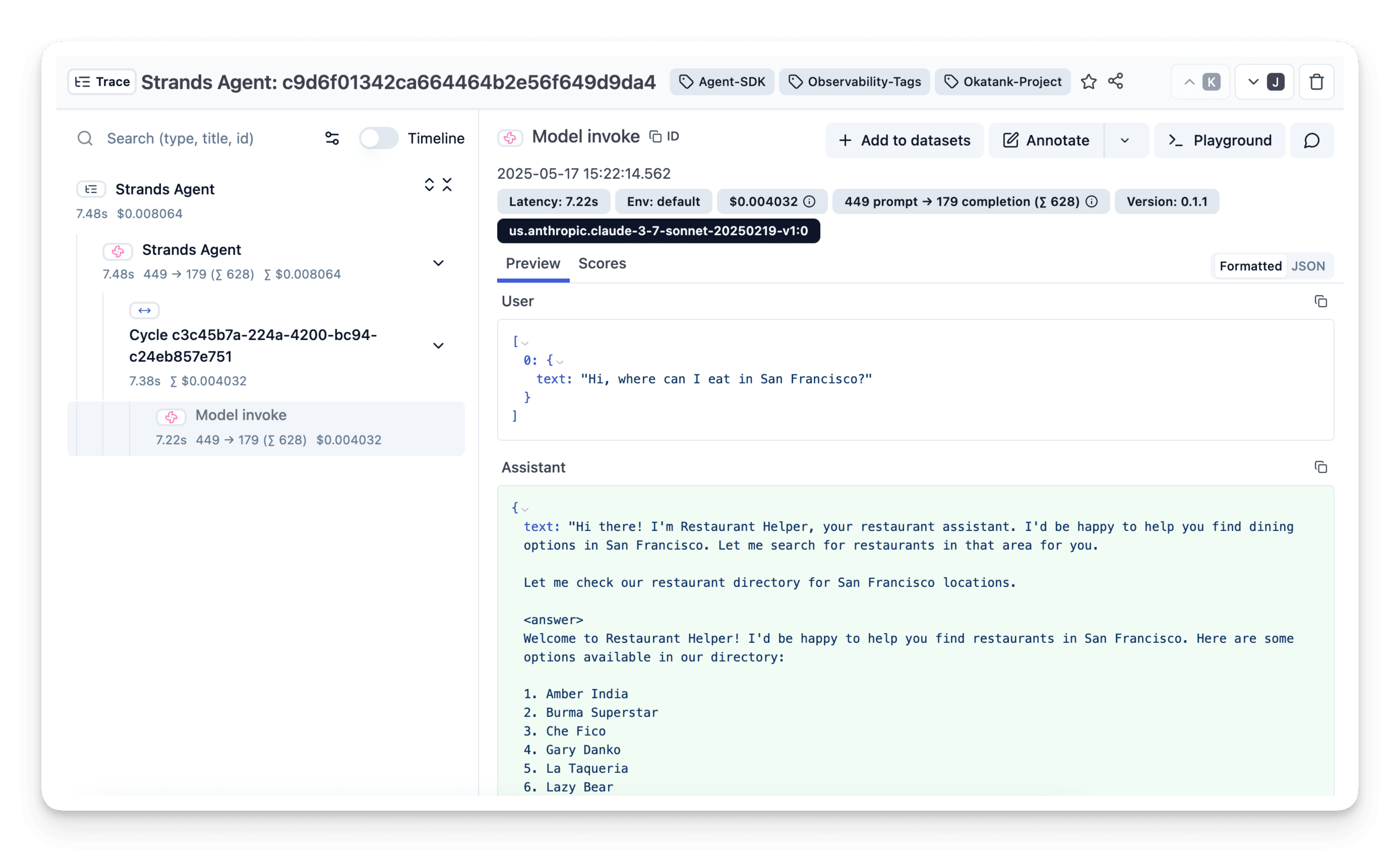 Strands Agents trace visualization in Langfuse