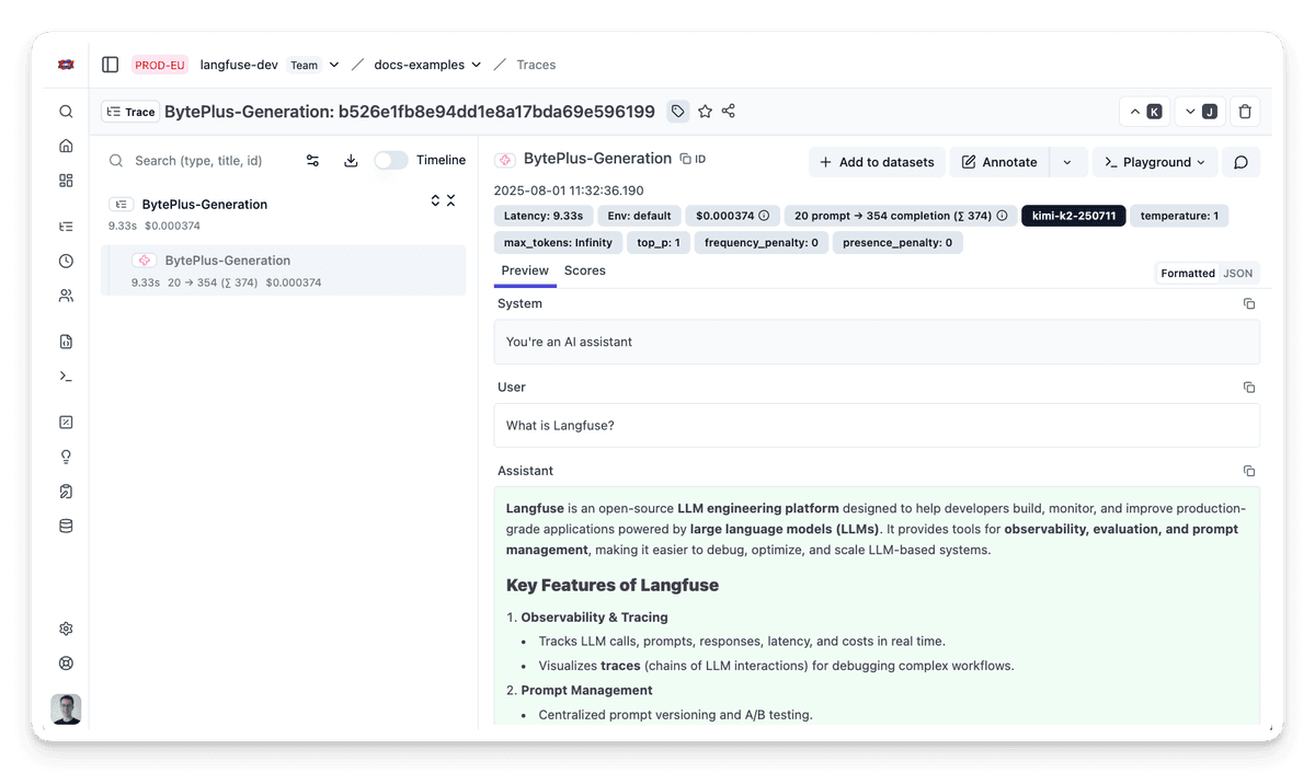 Monitor BytePlus model inference with Langfuse - Langfuse