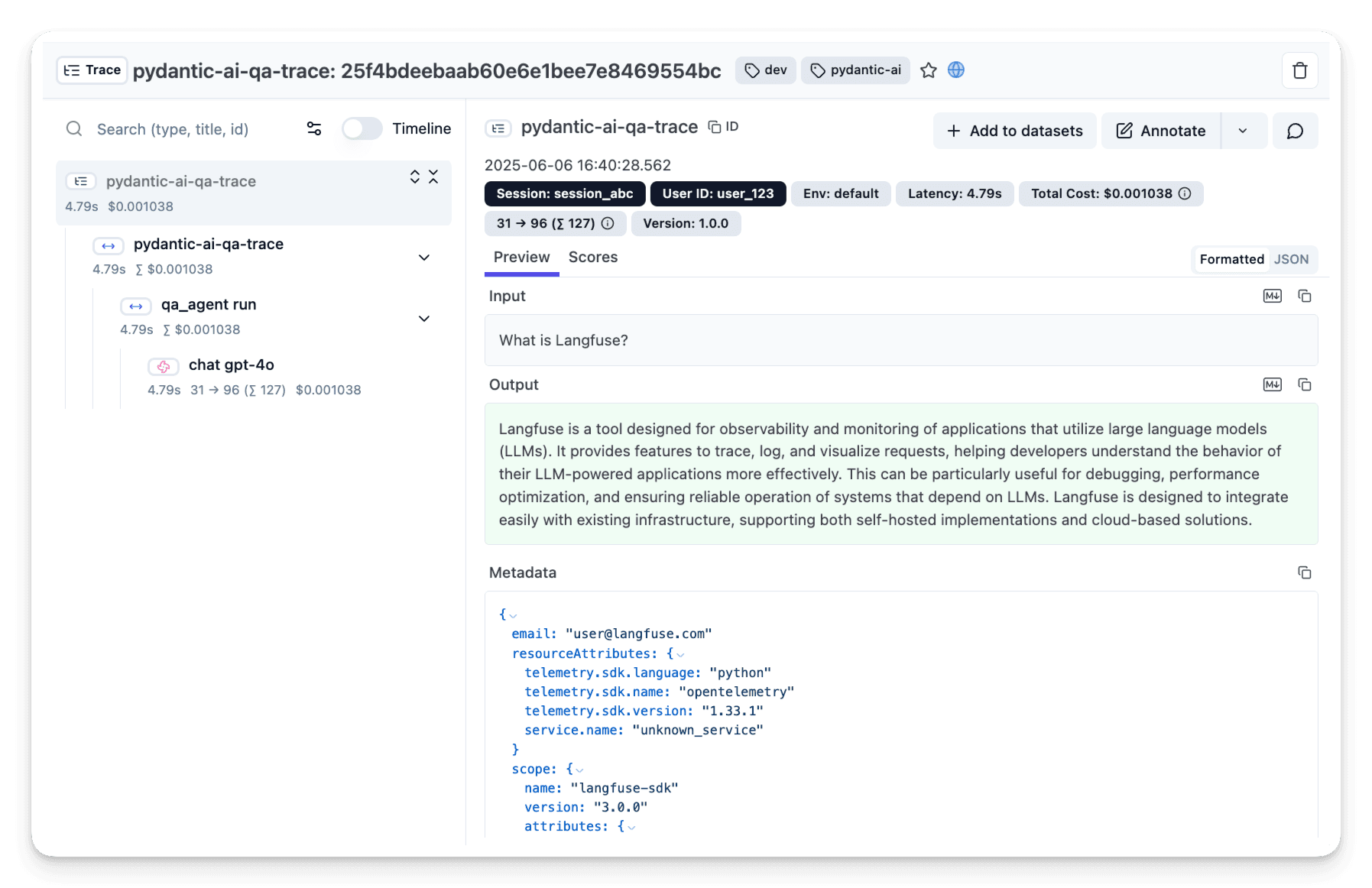 Pydantic AI trace visualization in Langfuse