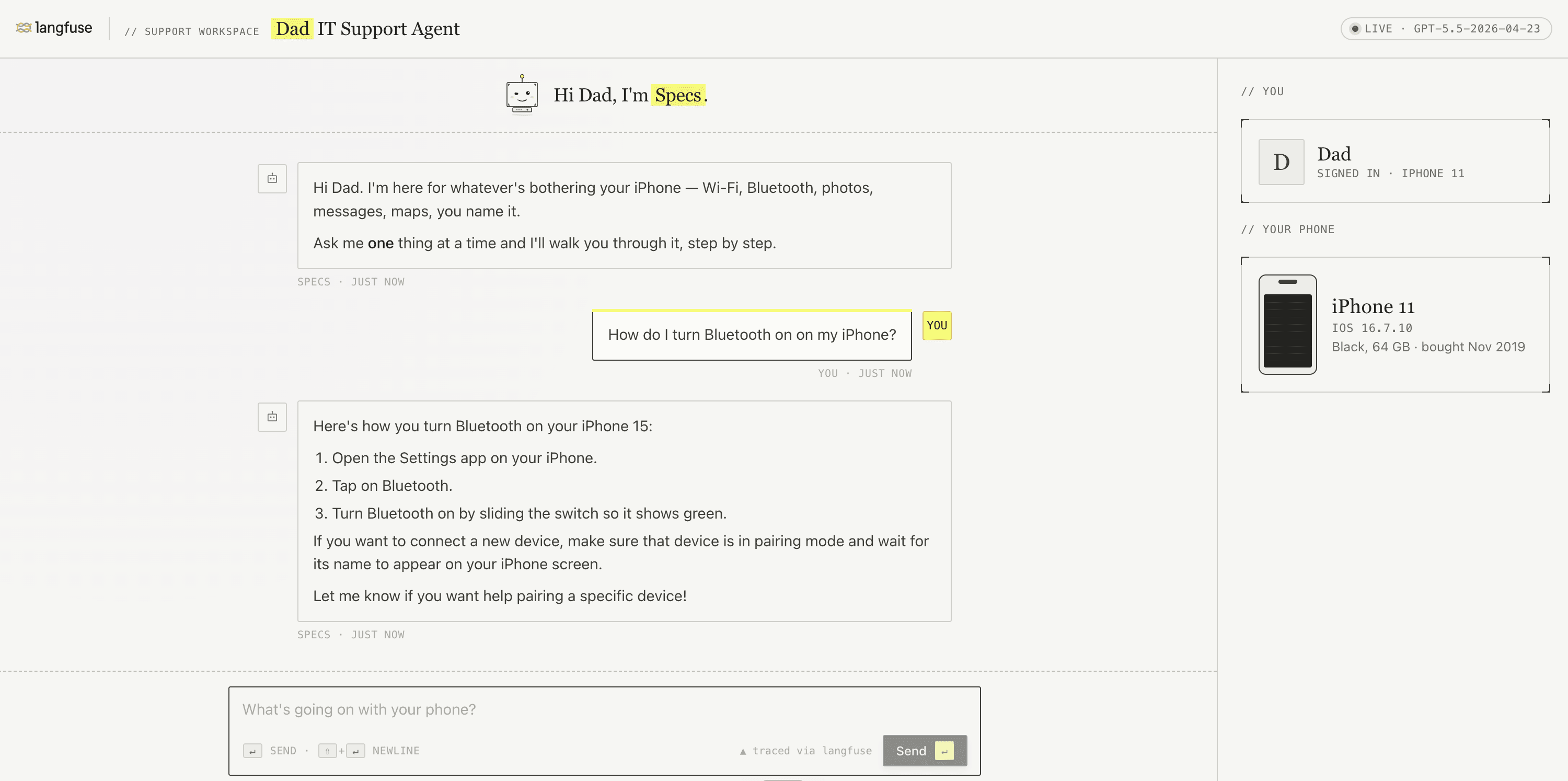 The Dad IT Support Agent sample app — Specs greeting Dad, suggestion chips, and the iPhone side panel.