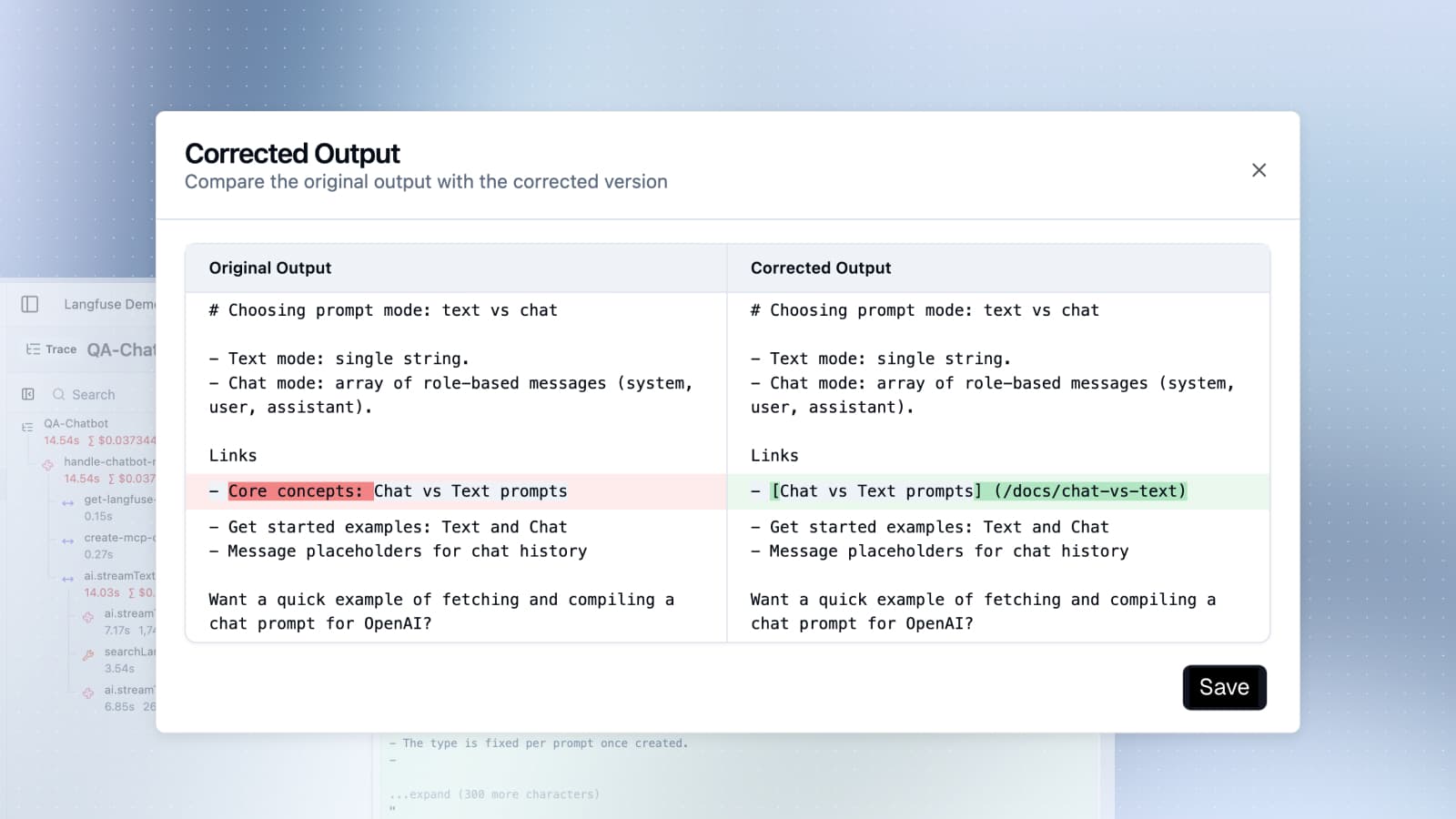 Corrected Outputs for Traces and Observations