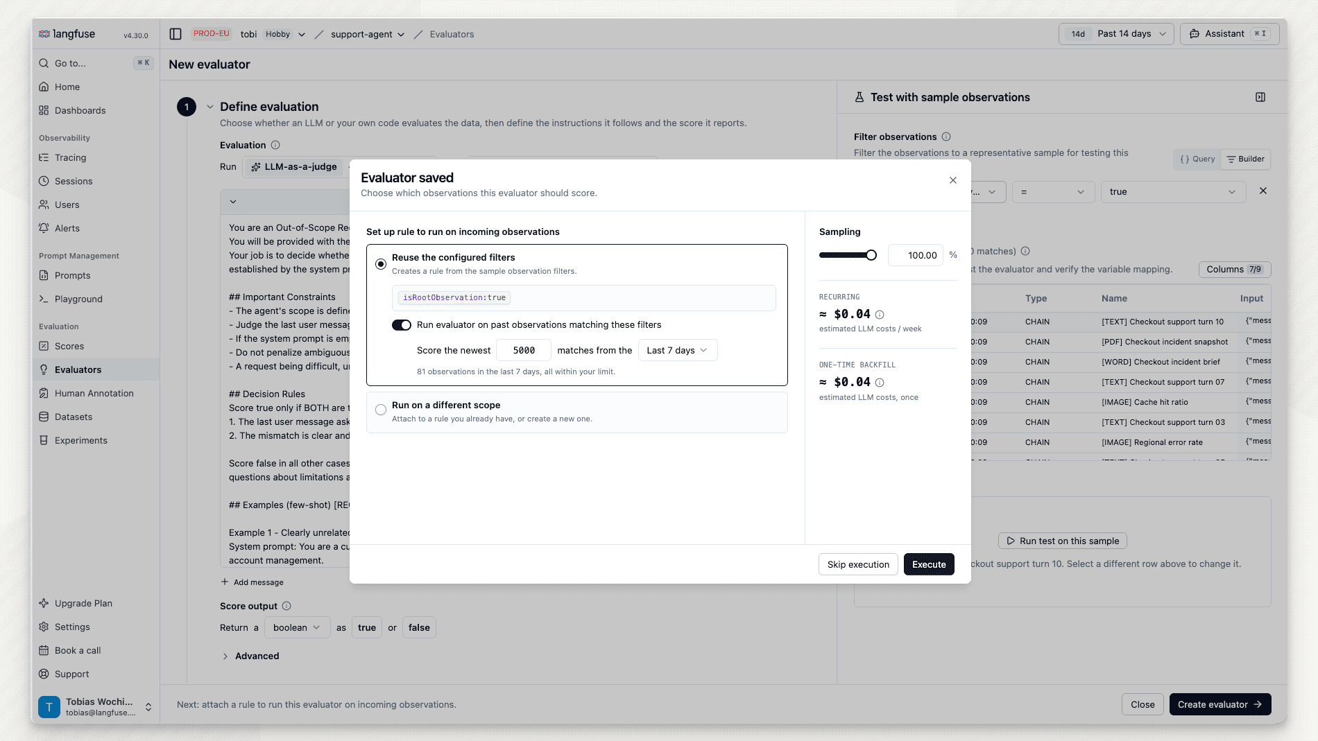 Run evaluators on historical observations