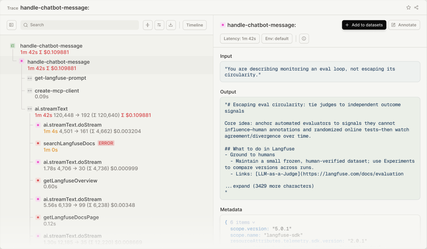 Ein dunkles Observability-Dashboard mit Kurven, Metriken und Trace-Details für eine LLM-Anwendung