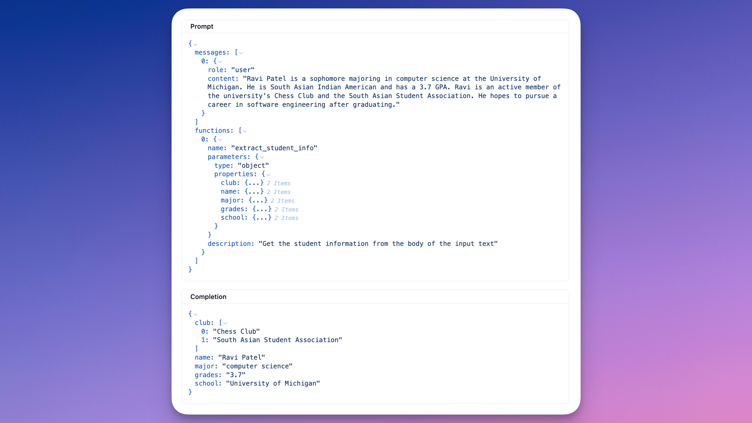 Improved support of complex inputs and outputs (e.g. OpenAI functions ...