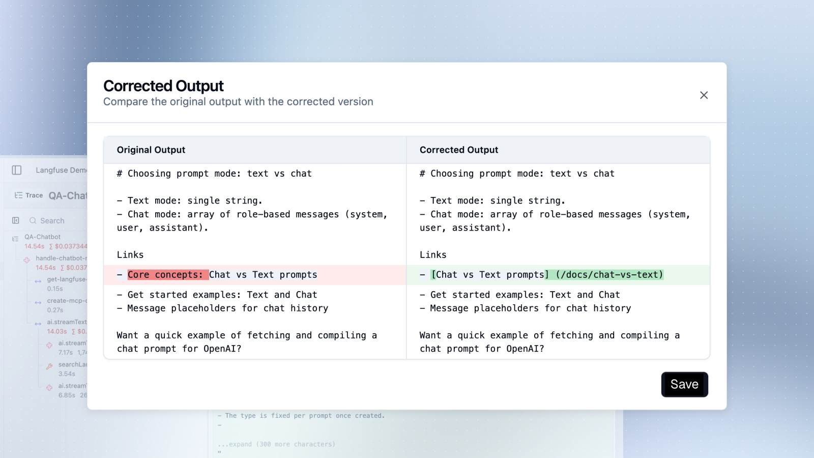 Corrected Outputs for Traces and Observations - Langfuse