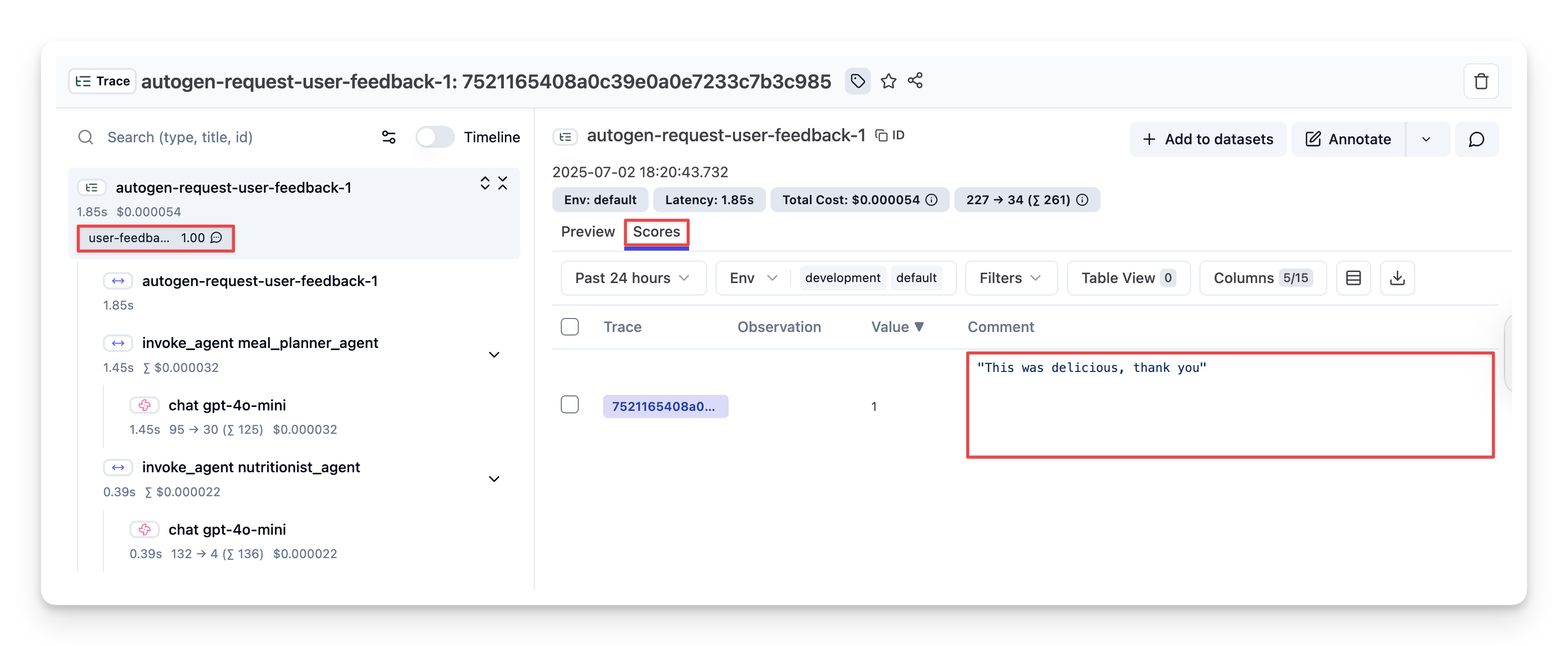 User feedback is being captured in Langfuse