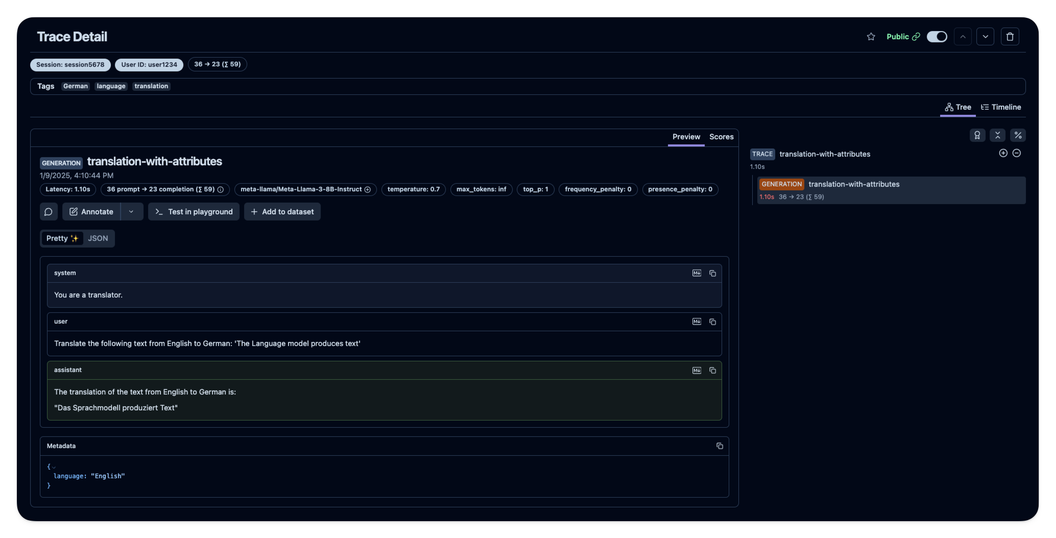 Example trace in Langfuse