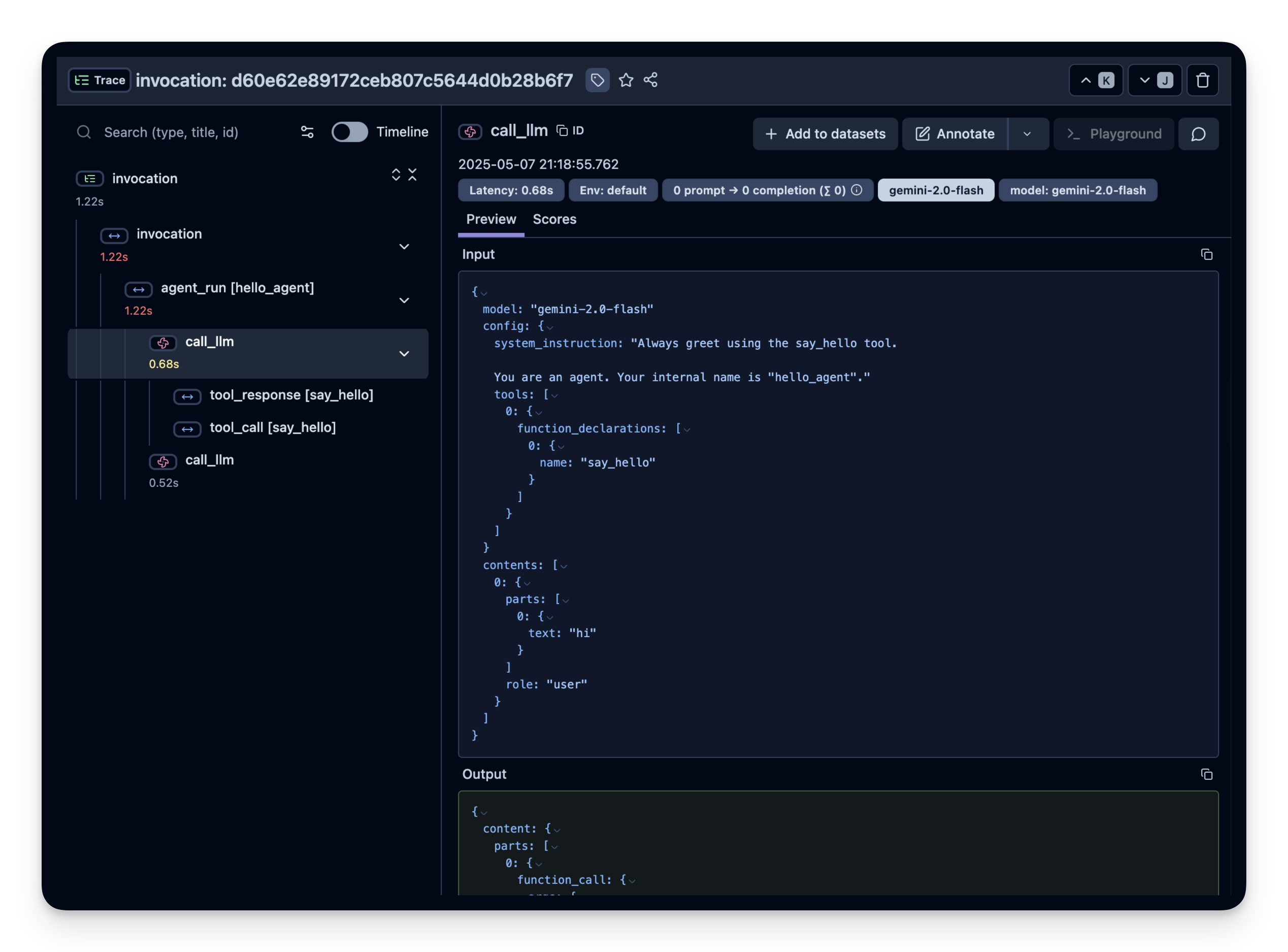 Google ADK example trace in Langfuse