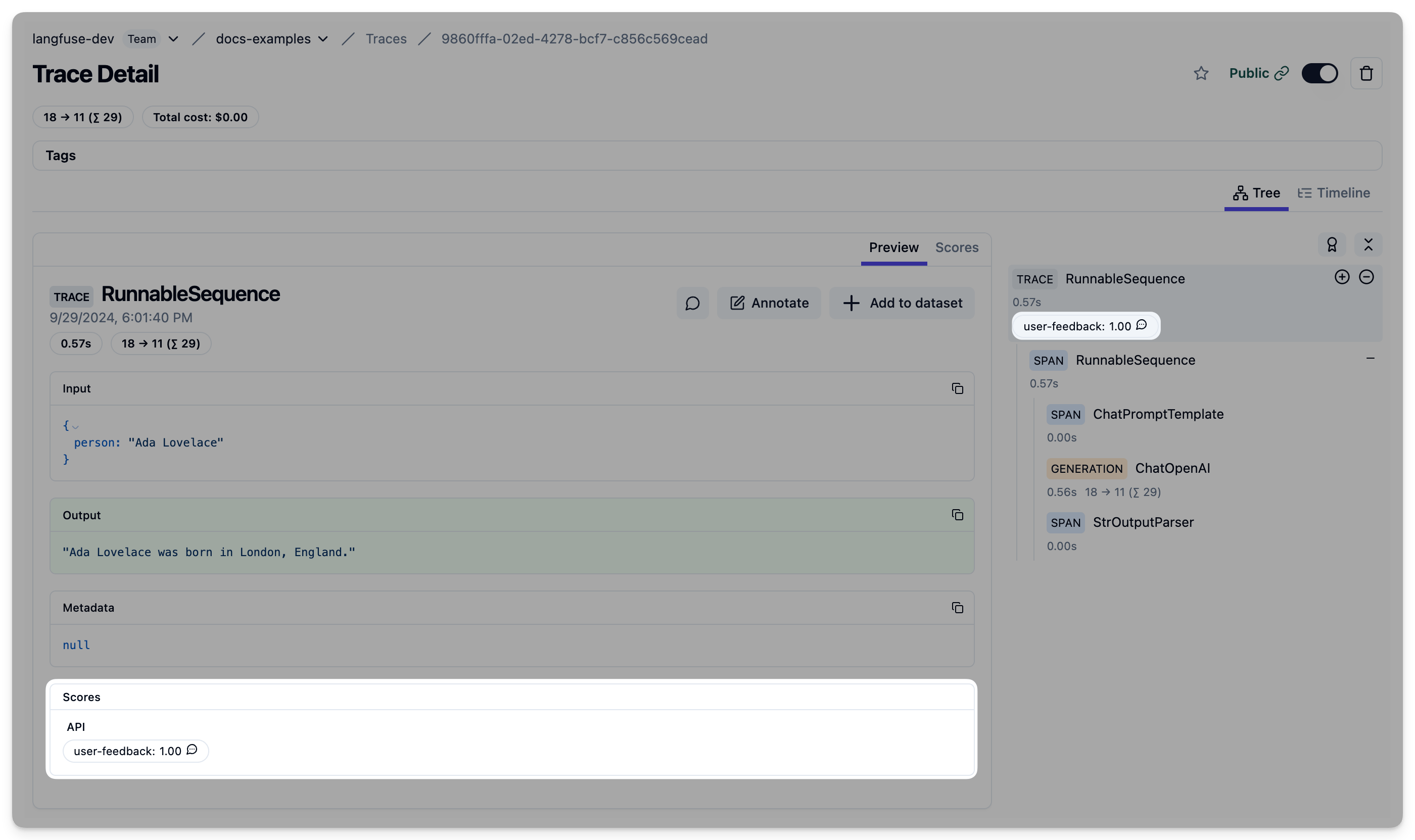 Langchain Trace in Langfuse with Score