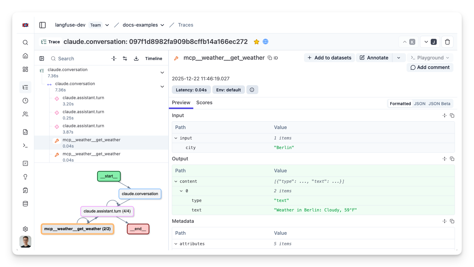 Claude Agent SDK example trace in Langfuse