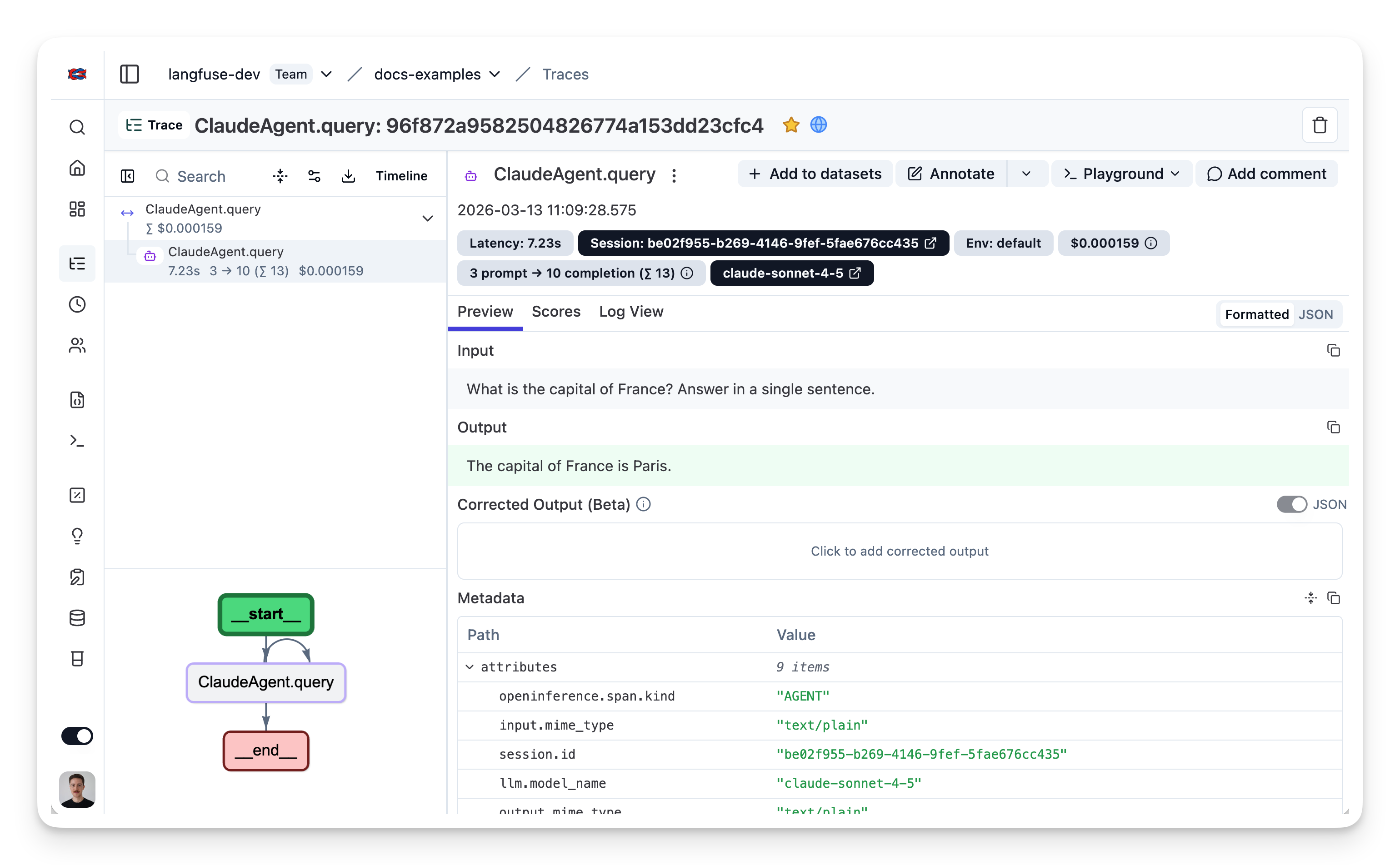 Claude Agent SDK JS/TS example trace in Langfuse
