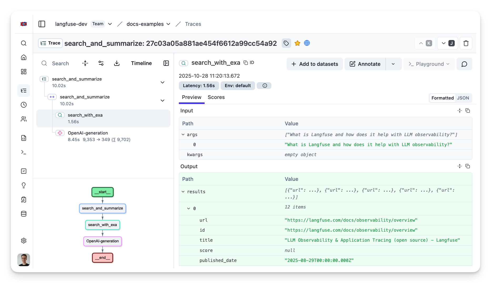 Example trace in the Langfuse UI