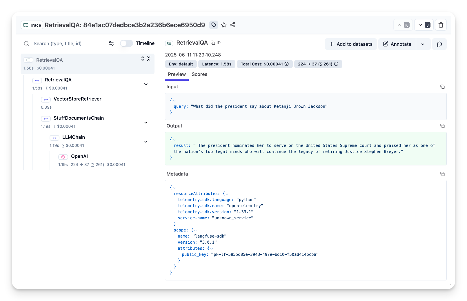 Trace of Langchain QA Retrieval in Langfuse