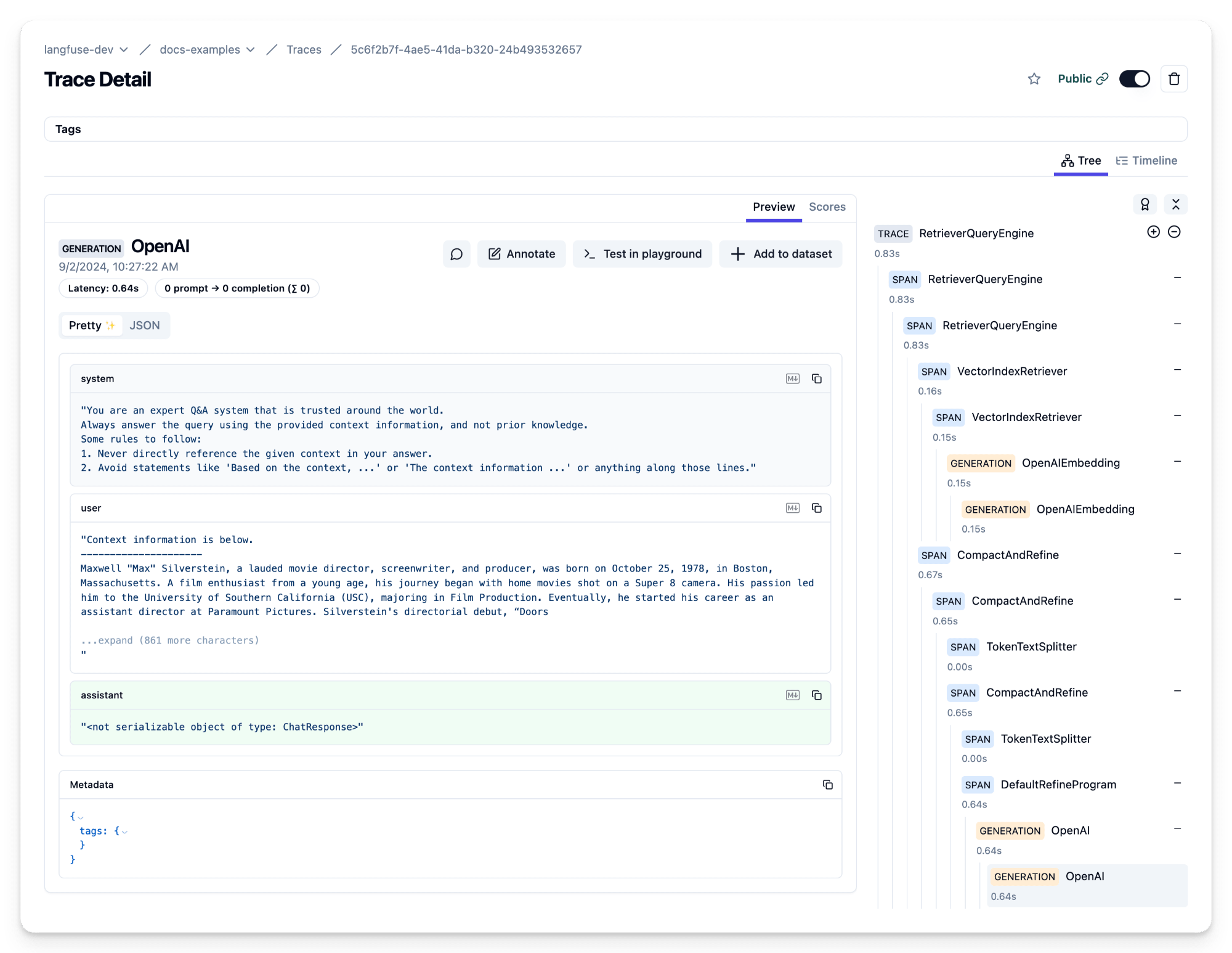 LlamaIndex Chat Engine Trace in Langfuse (via instrumentation module)