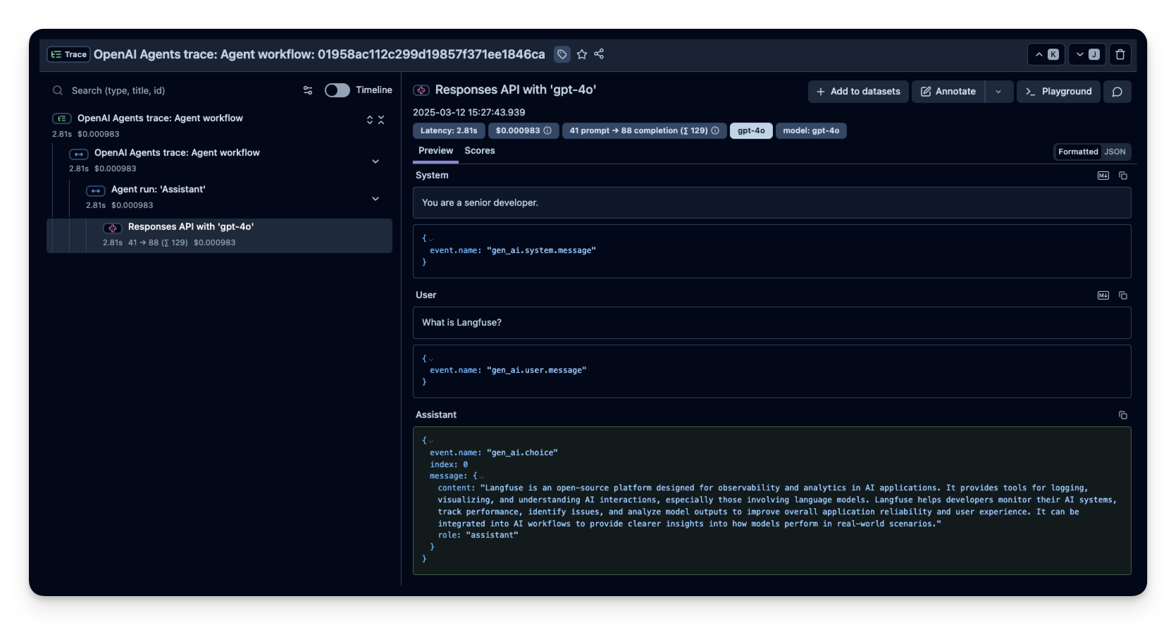 Example trace in Langfuse