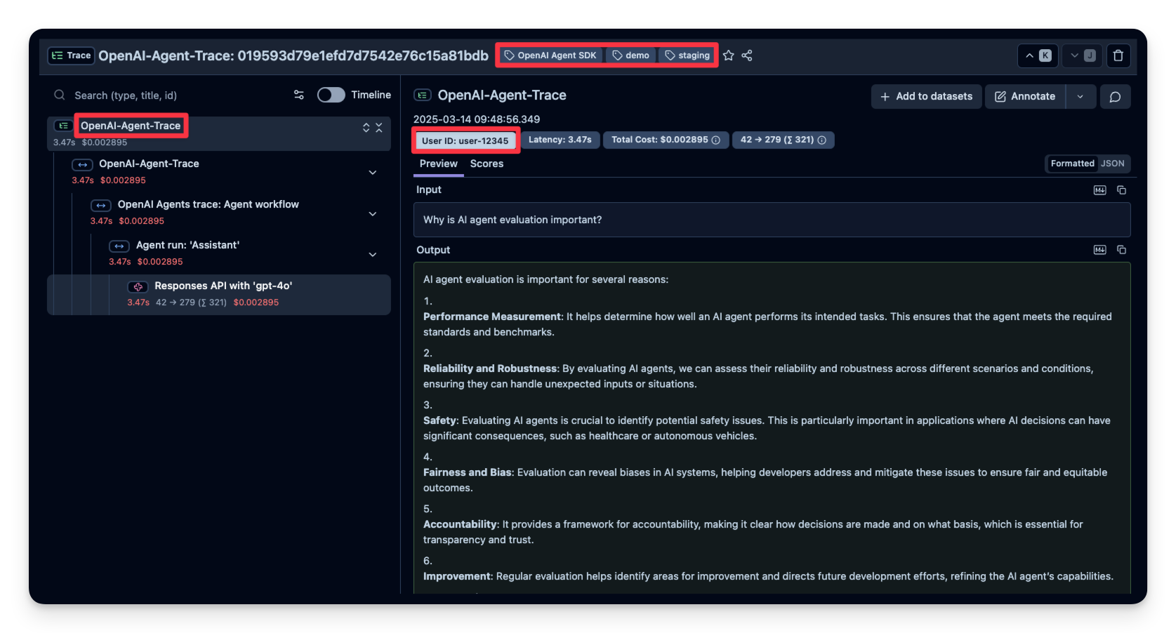 Example trace in Langfuse