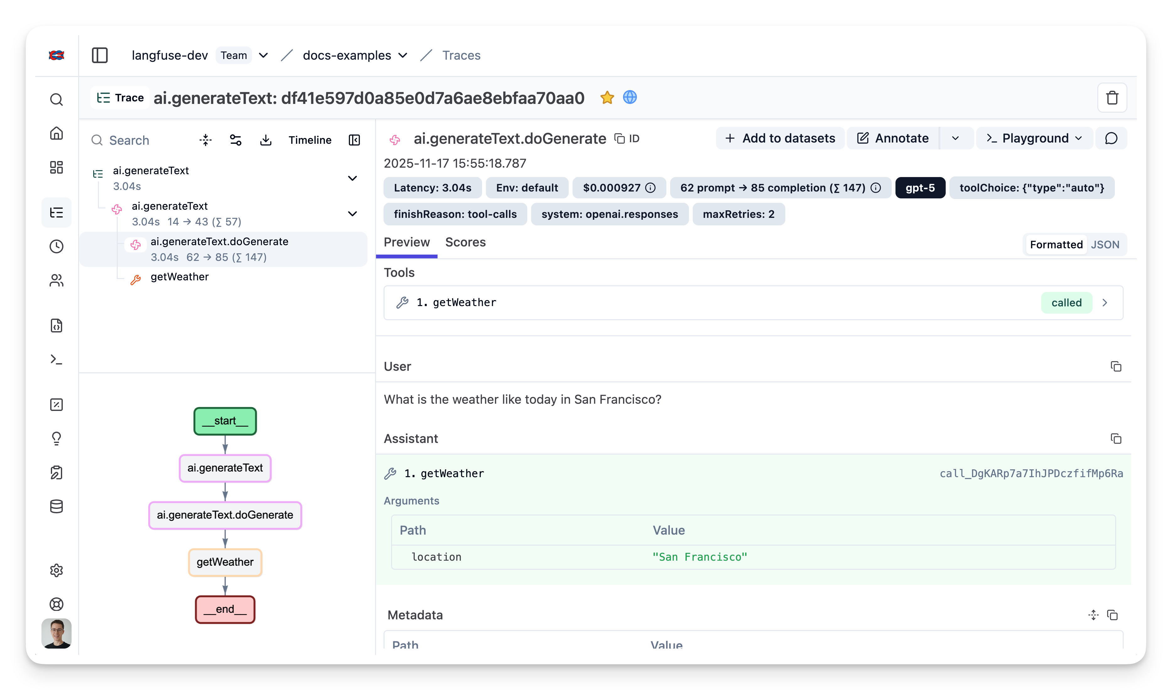 Example trace in Langfuse