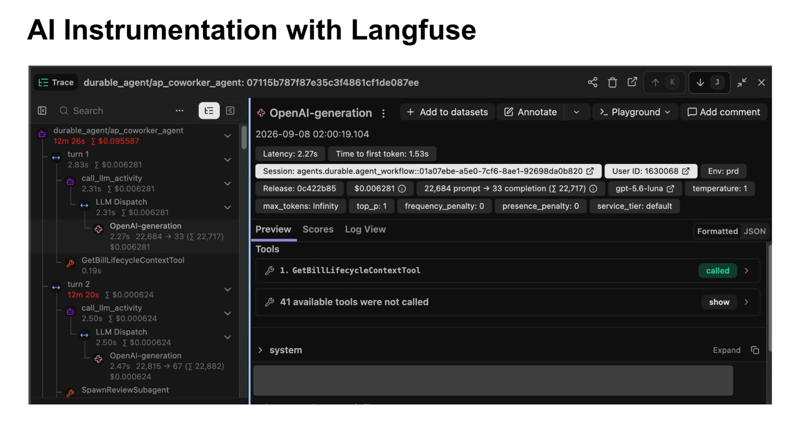 Langfuse trace view for Ramp's durable_agent/ap_coworker_agent showing nested turns, tool calls, and generation metrics
