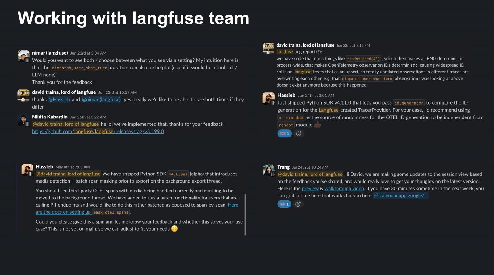 Slack threads showing Ramp collaborating with the Langfuse team on features, SDK fixes, and session view feedback