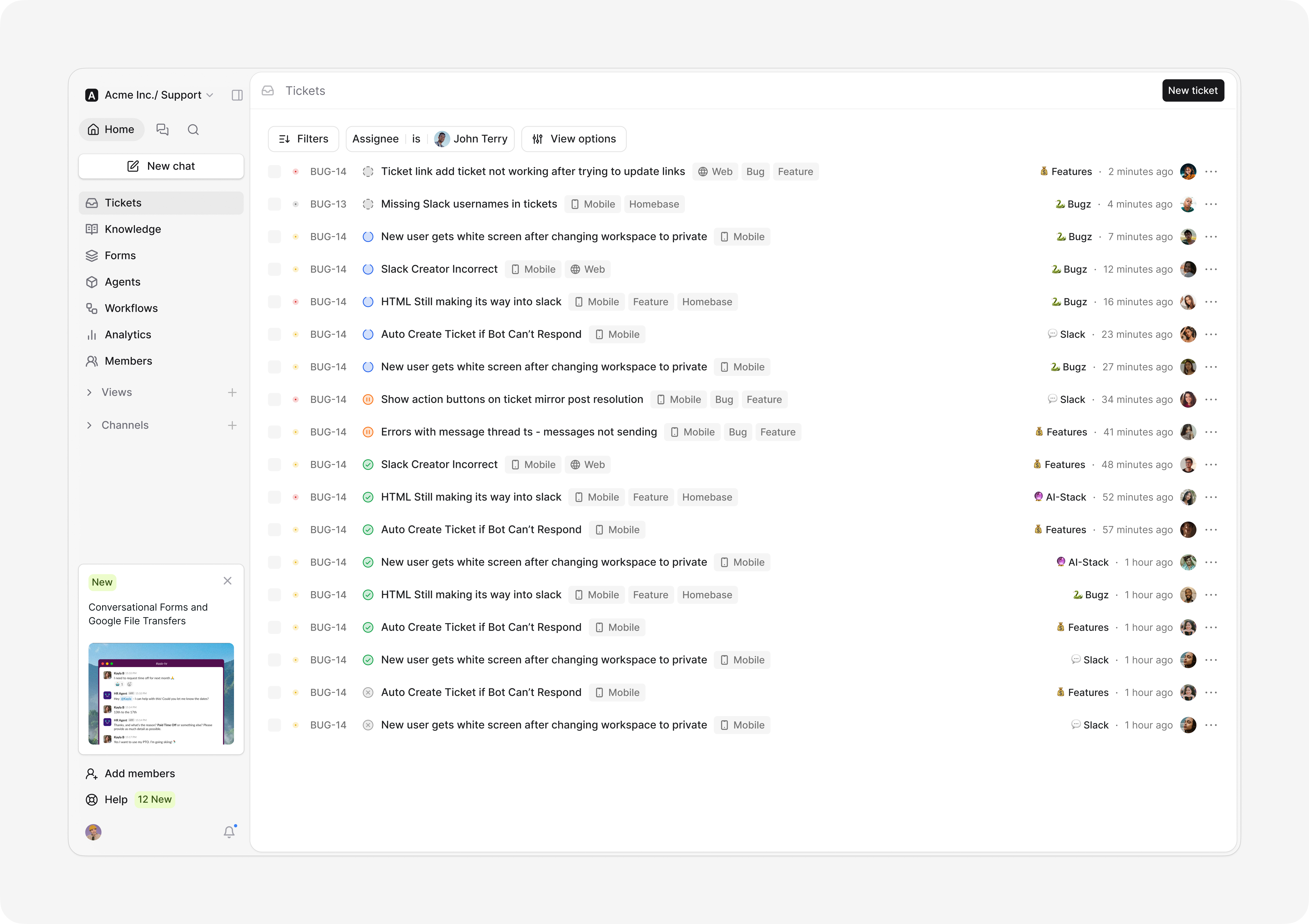 Ravenna ticket list showing filtered employee support requests.