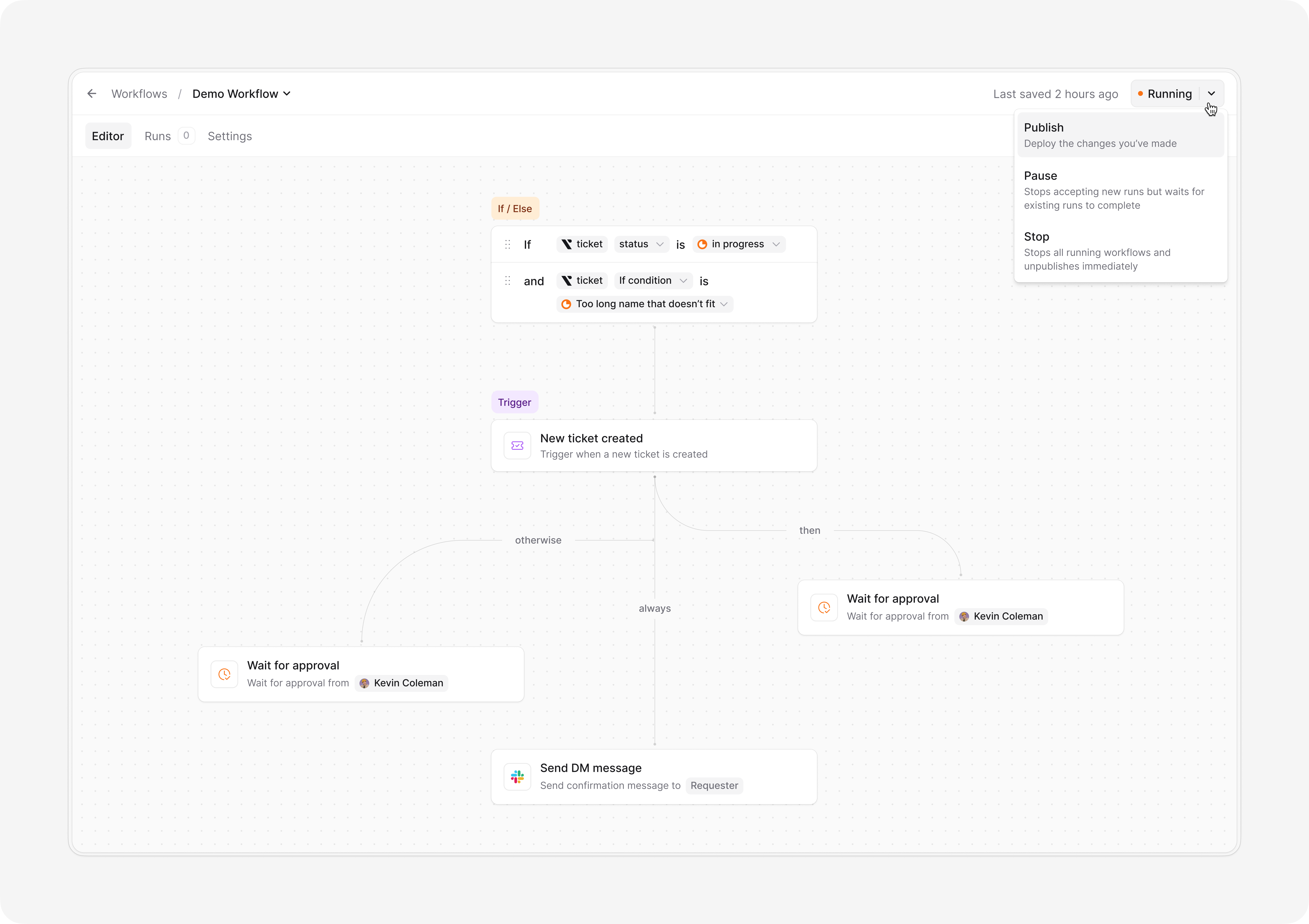 Ravenna workflow builder showing a ticket trigger, approval steps, and a Slack message action.