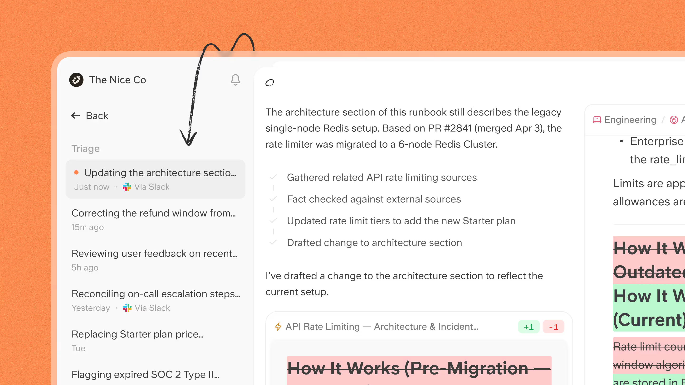 Slite agent triage drafting an architecture section update from a Slack signal