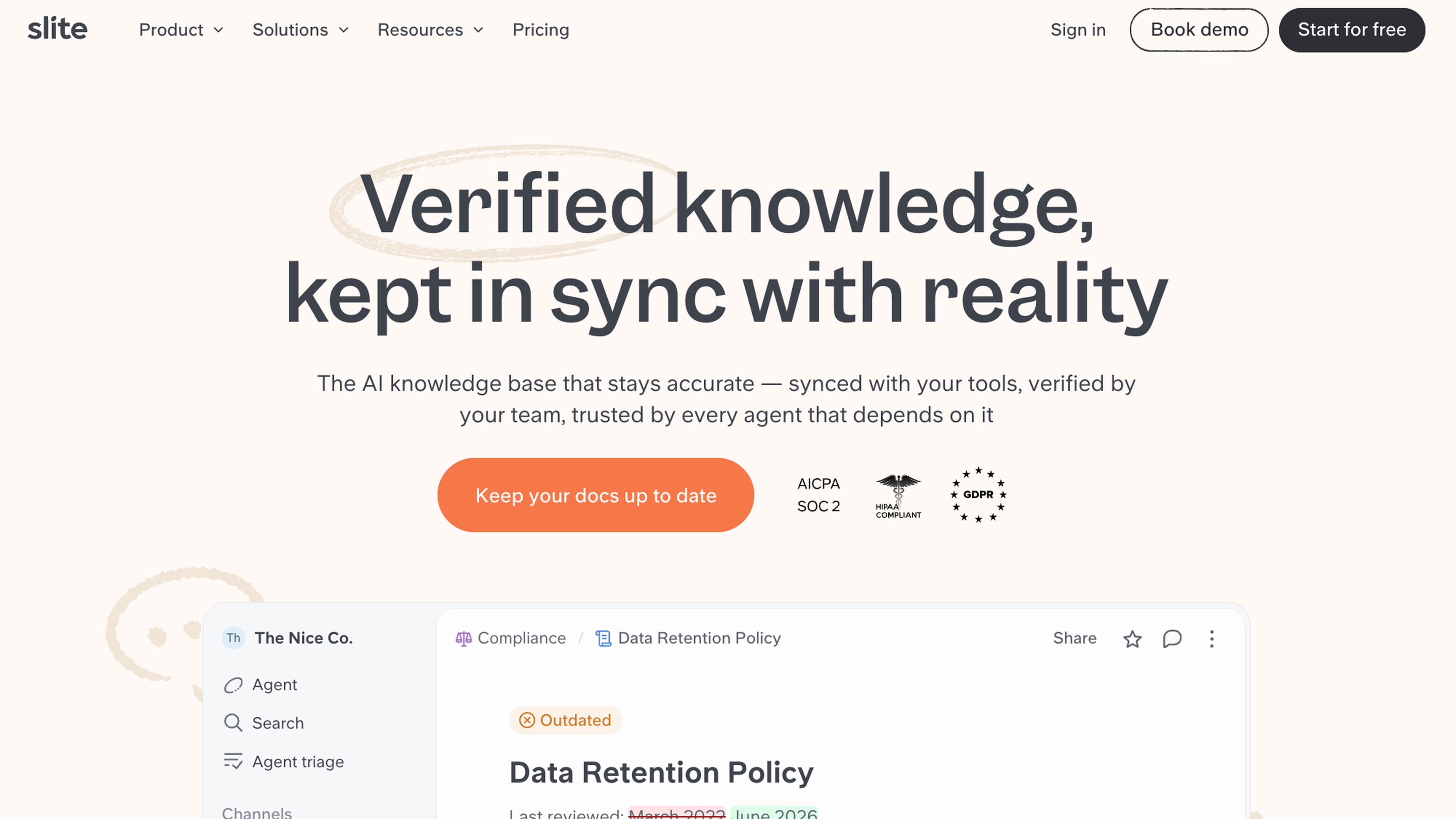 Slite homepage showing The Nice Co. workspace, an outdated Data Retention Policy, and an agent-proposed edit from 90 days to 1 year