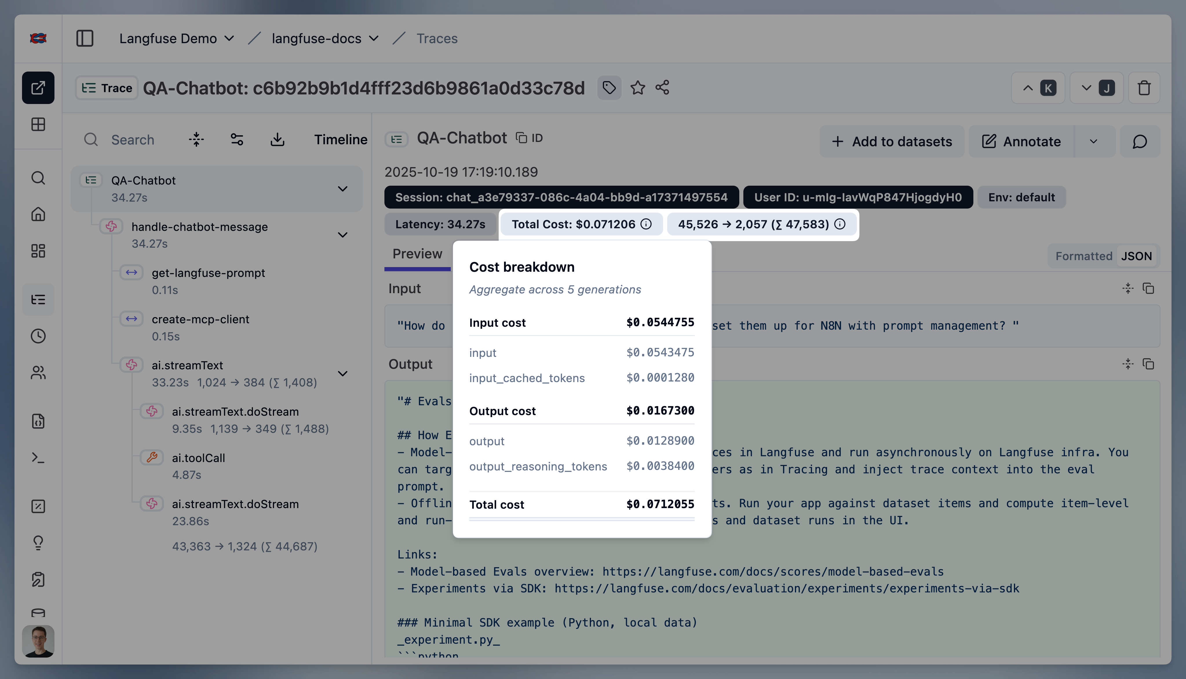 Langfuse UI 中的模型成本细分