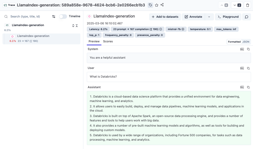 Databricks example LlamaIndex trace in Langfuse