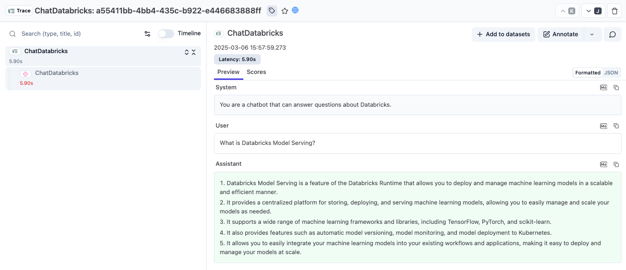 Databricks example trace in Langfuse