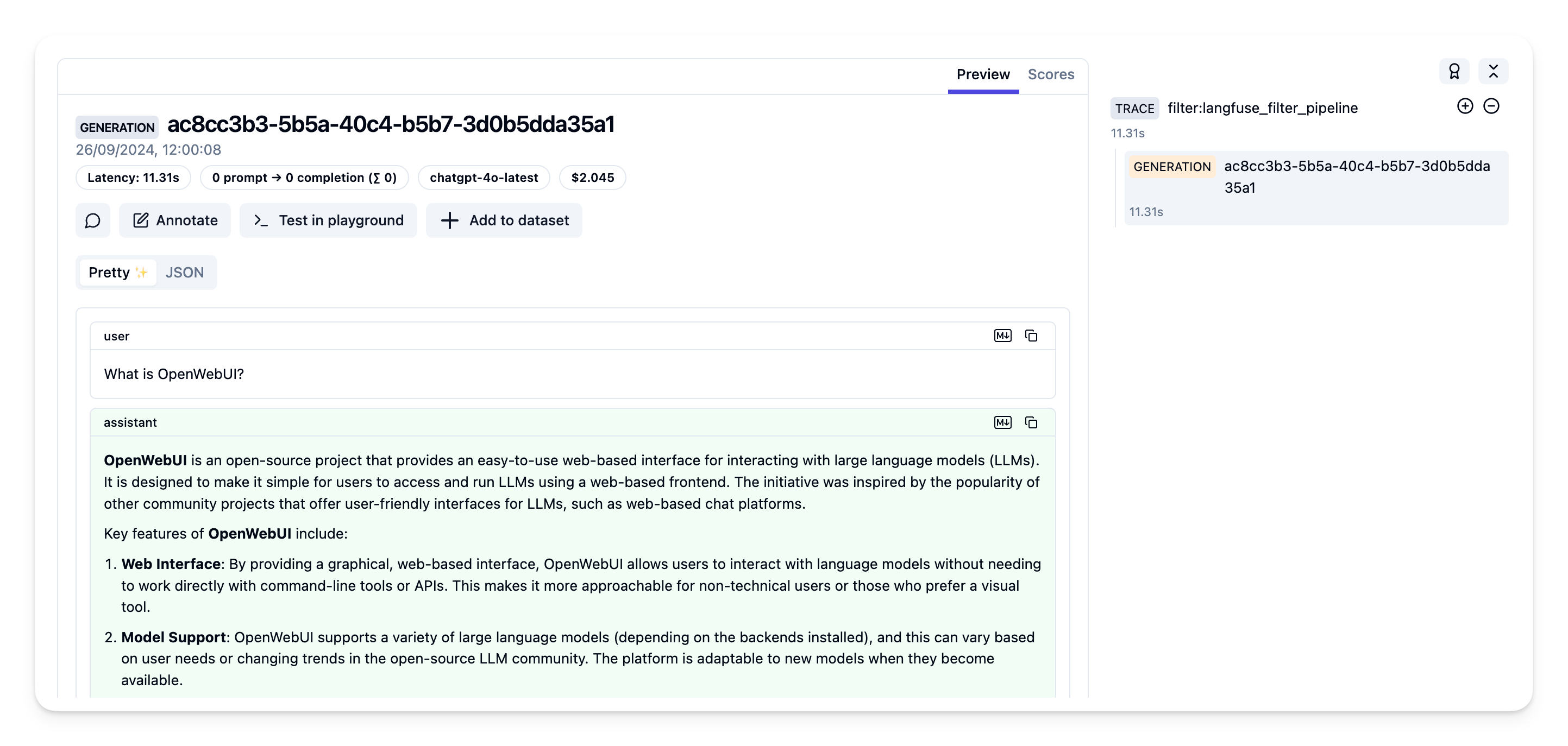 OpenWebUI Example Trace in Langfuse
